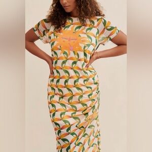 Anthropologie Farm Rio Orange Tucan Sunshine Printed Mesh Dress